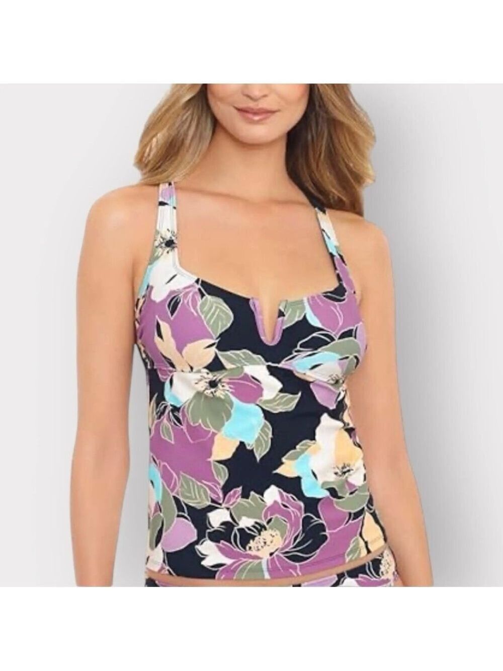 P193 Womens NEW Medium Swim Top Tropical Floral Tankini Open Back Auction